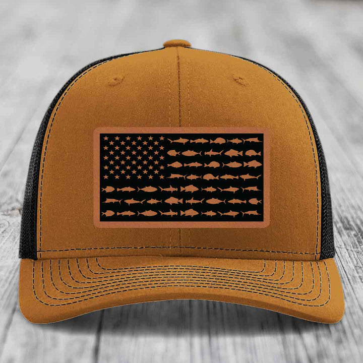 American Flag Saltwater Fish - Leather Patch Hat - Rawhide to Black Patch - Richardson 112 Snapback Trucker Hat