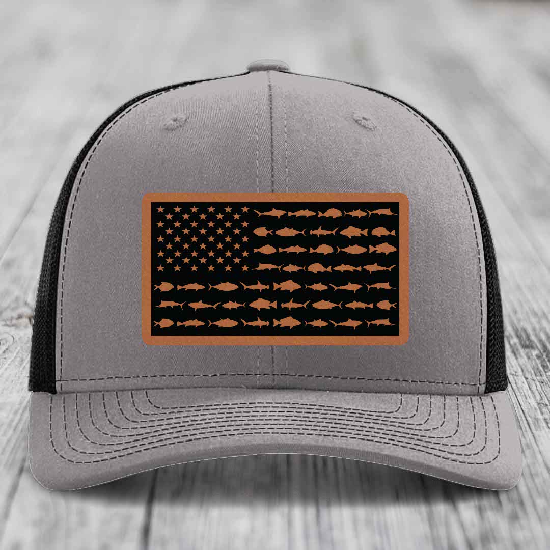 American Flag Saltwater Fish - Leather Patch Hat - Rawhide to Black Patch - Richardson 112 Snapback Trucker Hat