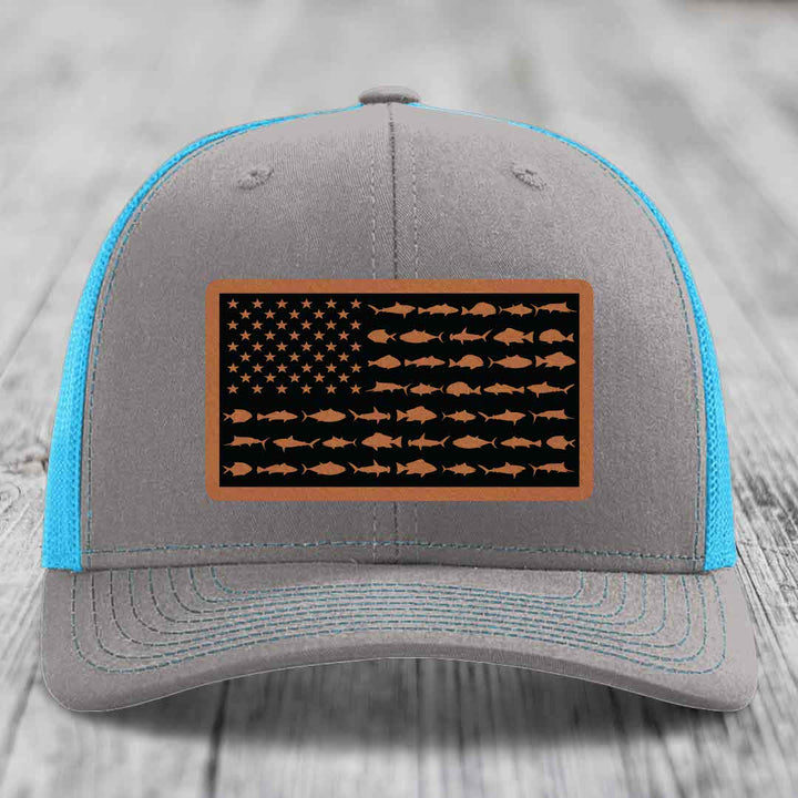American Flag Saltwater Fish - Leather Patch Hat - Rawhide to Black Patch - Richardson 112 Snapback Trucker Hat