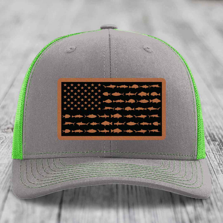 American Flag Saltwater Fish - Leather Patch Hat - Rawhide to Black Patch - Richardson 112 Snapback Trucker Hat