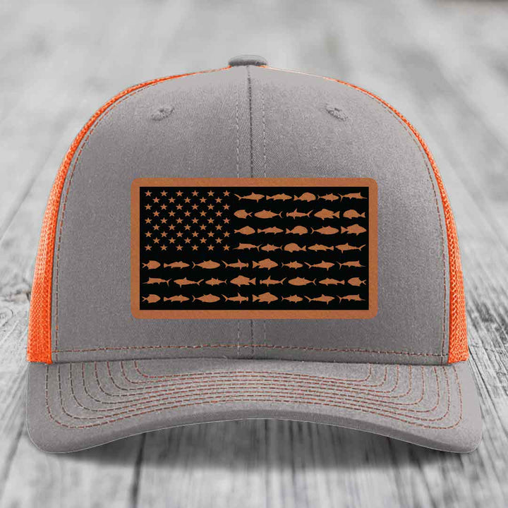 American Flag Saltwater Fish - Leather Patch Hat - Rawhide to Black Patch - Richardson 112 Snapback Trucker Hat