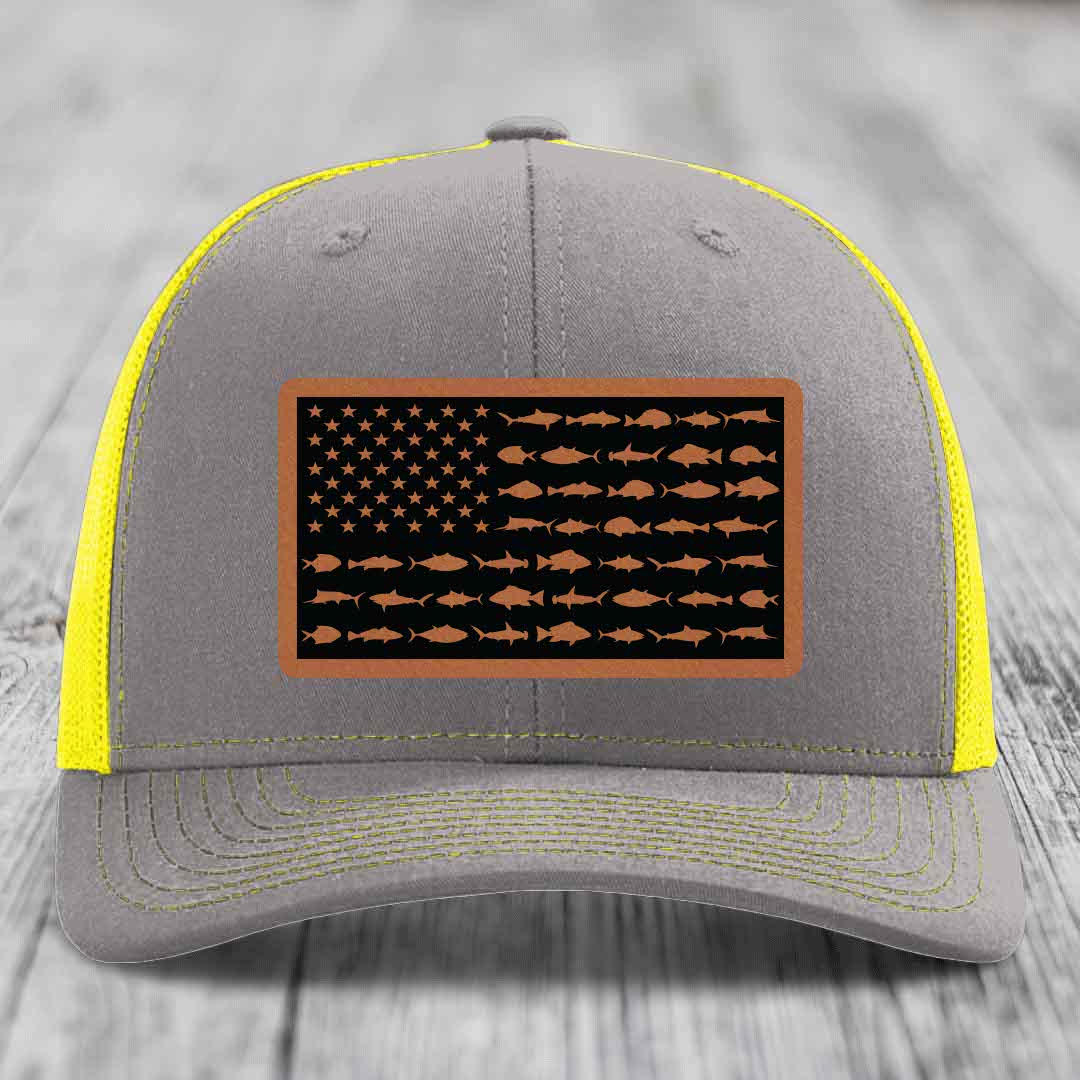 American Flag Saltwater Fish - Leather Patch Hat - Rawhide to Black Patch - Richardson 112 Snapback Trucker Hat