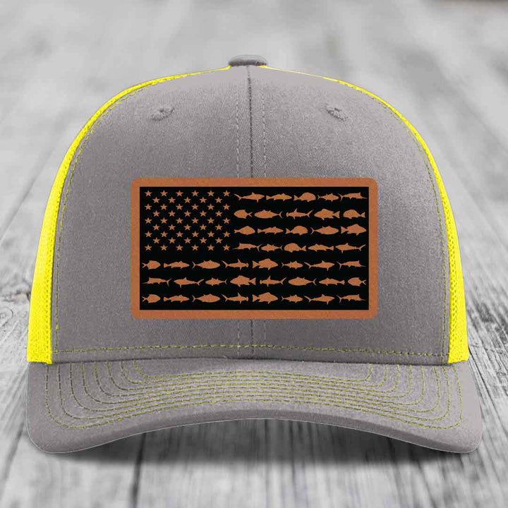 American Flag Saltwater Fish - Leather Patch Hat - Rawhide to Black Patch - Richardson 112 Snapback Trucker Hat