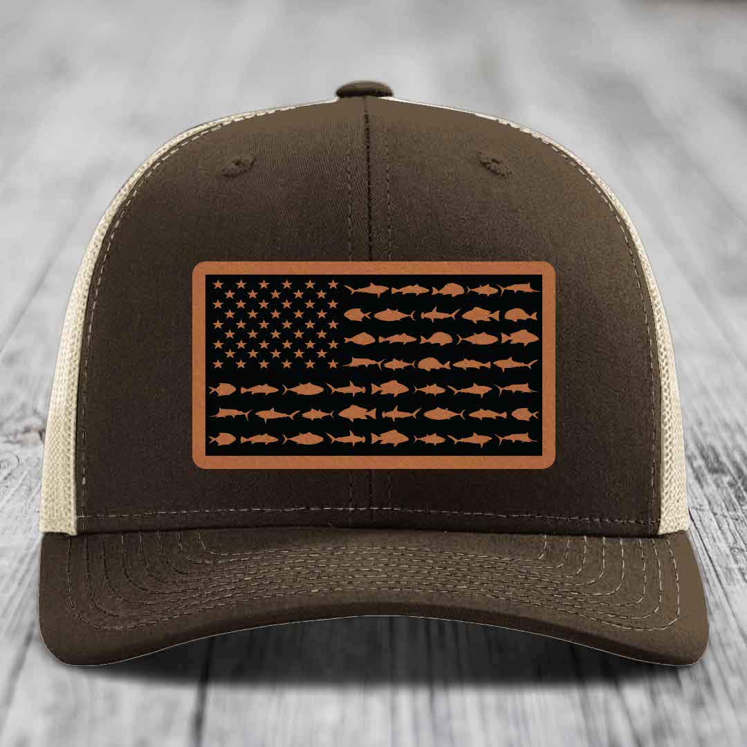 American Flag Saltwater Fish - Leather Patch Hat - Rawhide to Black Patch - Richardson 112 Snapback Trucker Hat