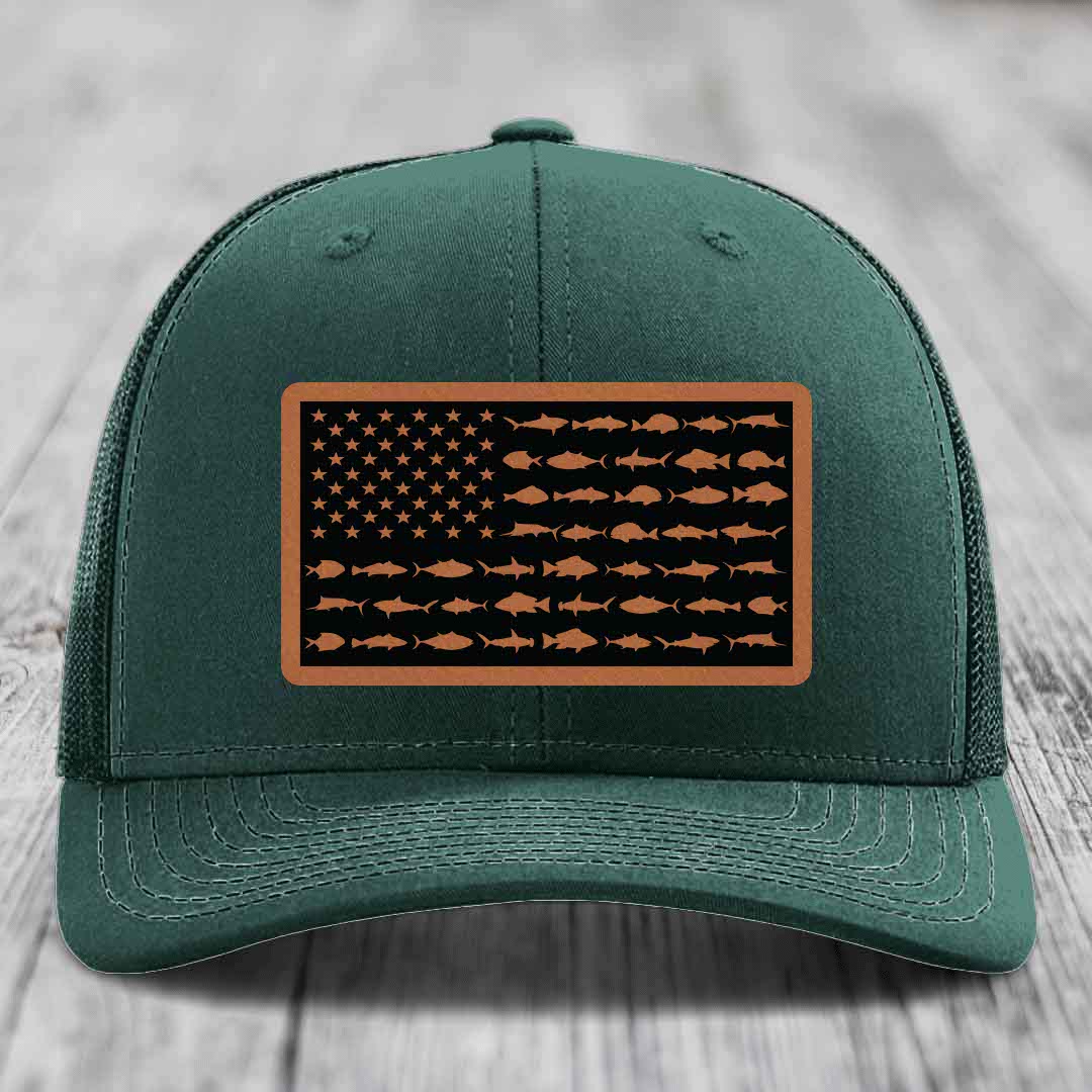 American Flag Saltwater Fish - Leather Patch Hat - Rawhide to Black Patch - Richardson 112 Snapback Trucker Hat