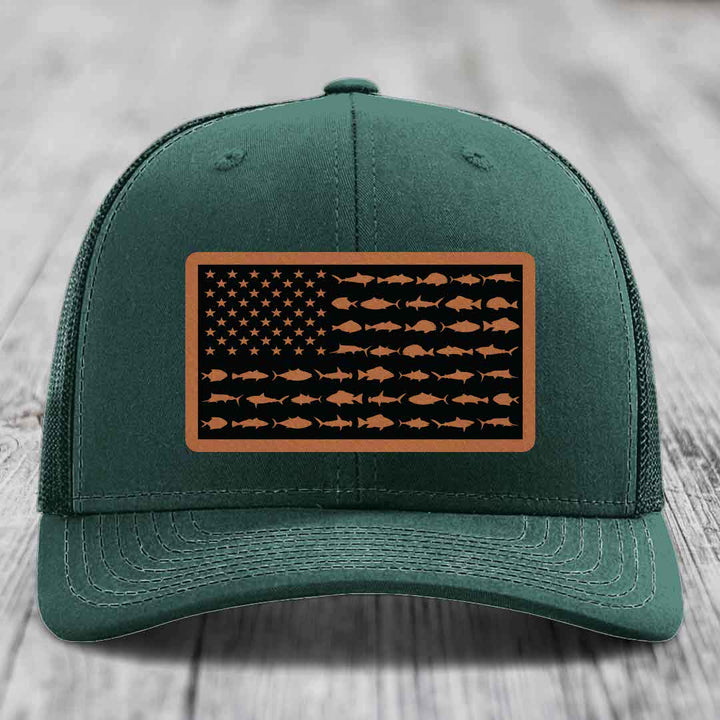 American Flag Saltwater Fish - Leather Patch Hat - Rawhide to Black Patch - Richardson 112 Snapback Trucker Hat
