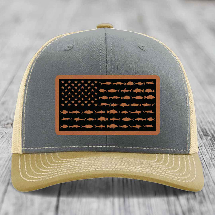 American Flag Saltwater Fish - Leather Patch Hat - Rawhide to Black Patch - Richardson 112 Snapback Trucker Hat