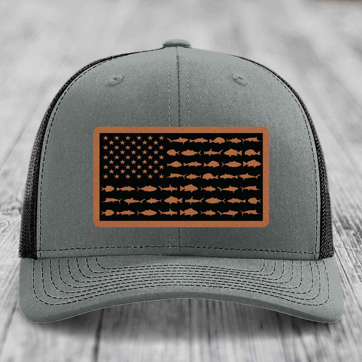 American Flag Saltwater Fish - Leather Patch Hat - Rawhide to Black Patch - Richardson 112 Snapback Trucker Hat