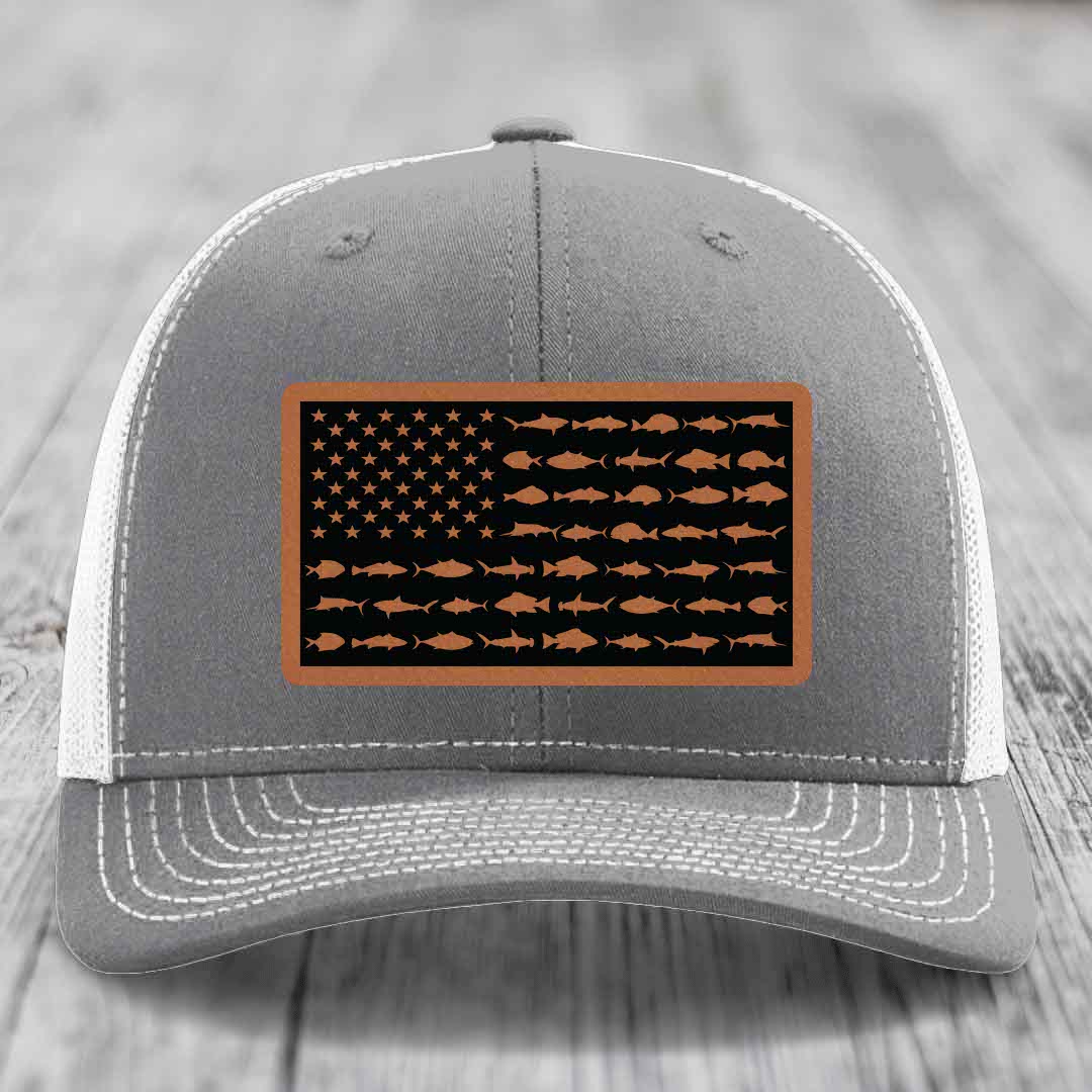 American Flag Saltwater Fish - Leather Patch Hat - Rawhide to Black Patch - Richardson 112 Snapback Trucker Hat