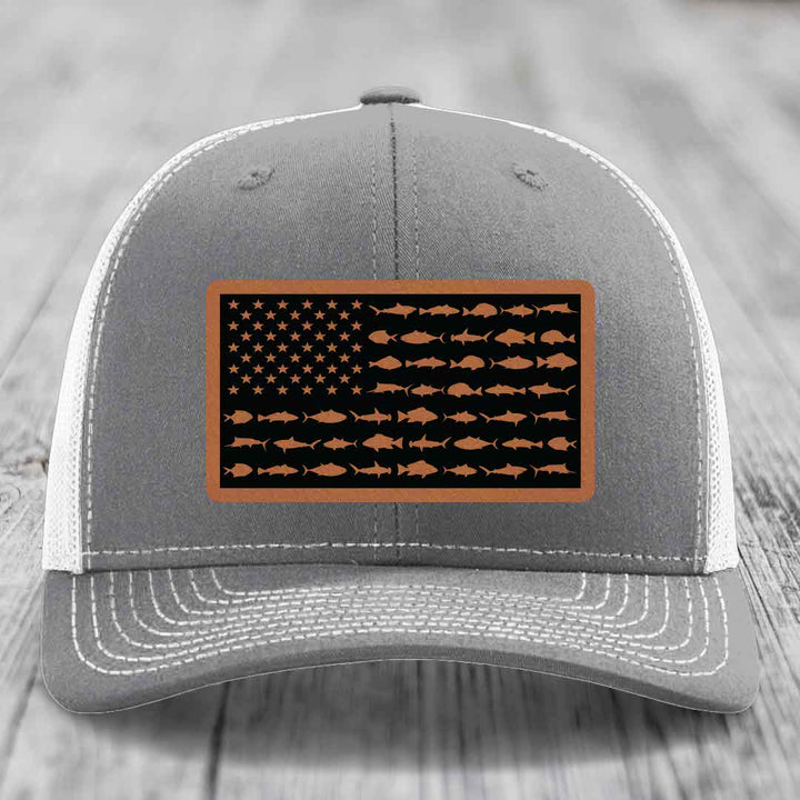 American Flag Saltwater Fish - Leather Patch Hat - Rawhide to Black Patch - Richardson 112 Snapback Trucker Hat