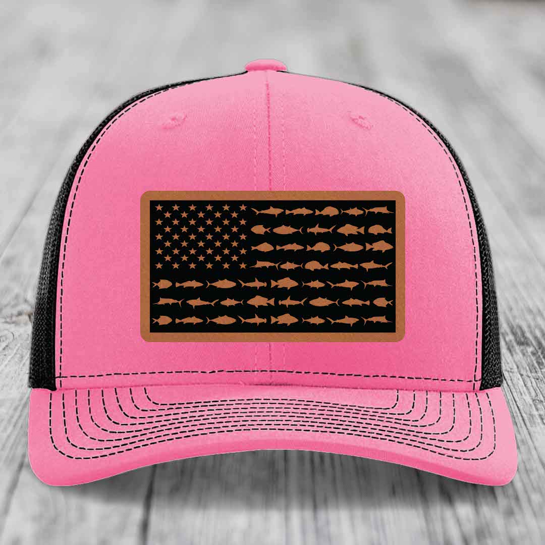 American Flag Saltwater Fish - Leather Patch Hat - Rawhide to Black Patch - Richardson 112 Snapback Trucker Hat