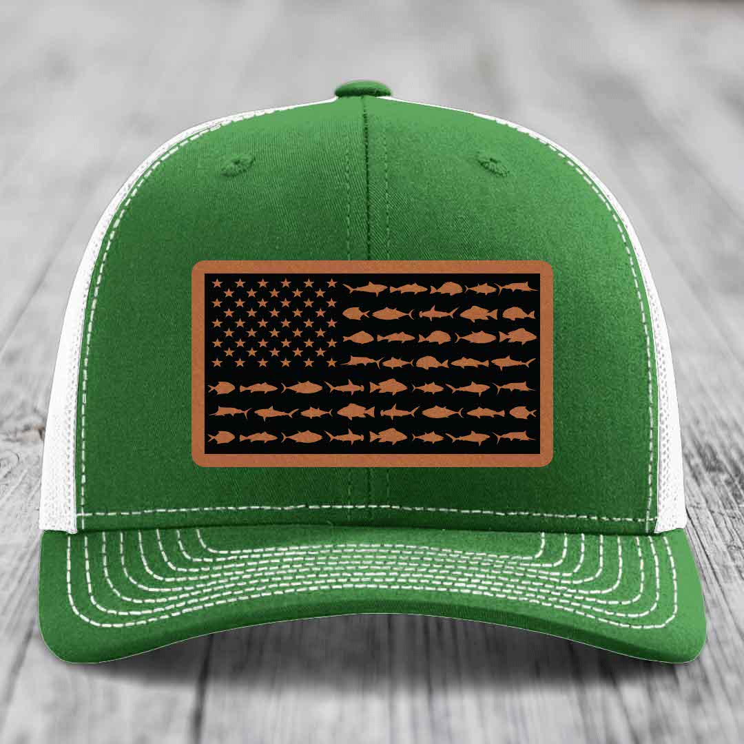 American Flag Saltwater Fish - Leather Patch Hat - Rawhide to Black Patch - Richardson 112 Snapback Trucker Hat