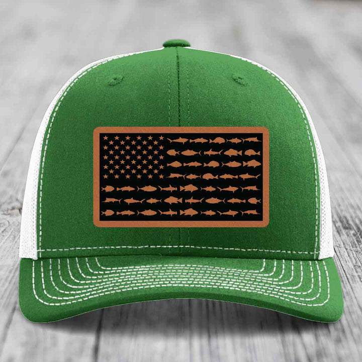 American Flag Saltwater Fish - Leather Patch Hat - Rawhide to Black Patch - Richardson 112 Snapback Trucker Hat
