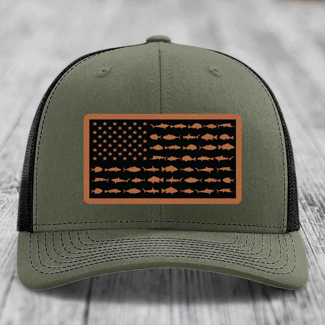 American Flag Saltwater Fish - Leather Patch Hat - Rawhide to Black Patch - Richardson 112 Snapback Trucker Hat