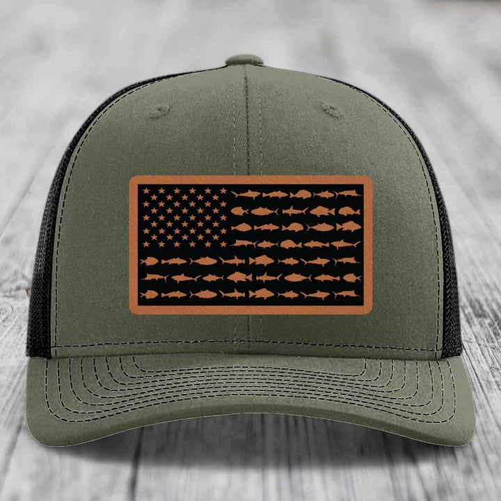 American Flag Saltwater Fish - Leather Patch Hat - Rawhide to Black Patch - Richardson 112 Snapback Trucker Hat