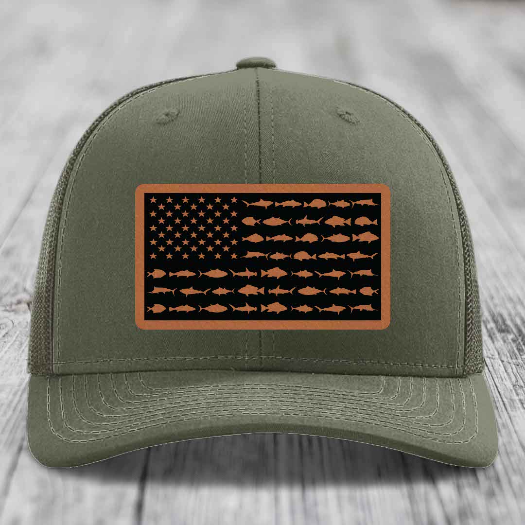 American Flag Saltwater Fish - Leather Patch Hat - Rawhide to Black Patch - Richardson 112 Snapback Trucker Hat