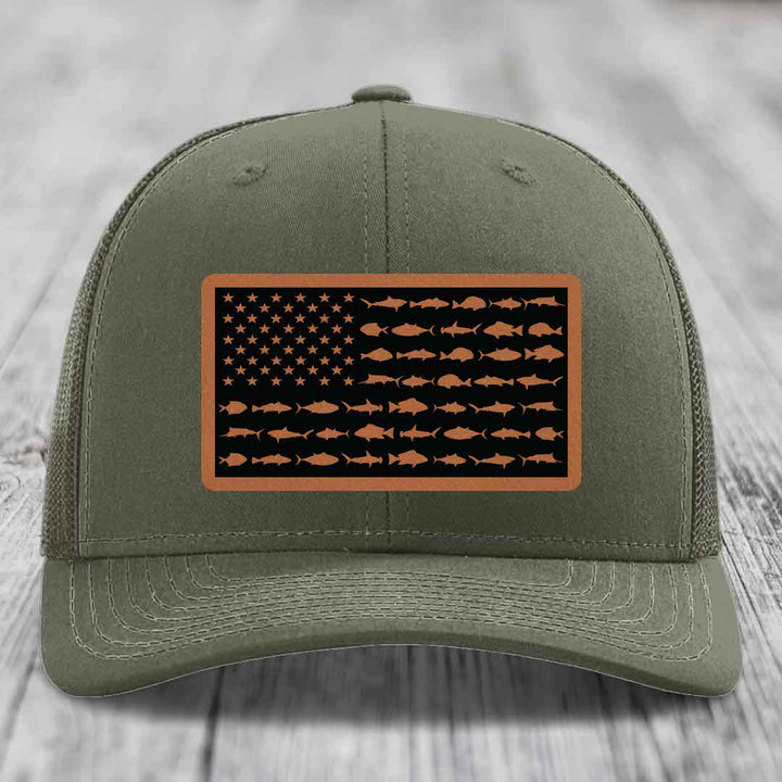 American Flag Saltwater Fish - Leather Patch Hat - Rawhide to Black Patch - Richardson 112 Snapback Trucker Hat