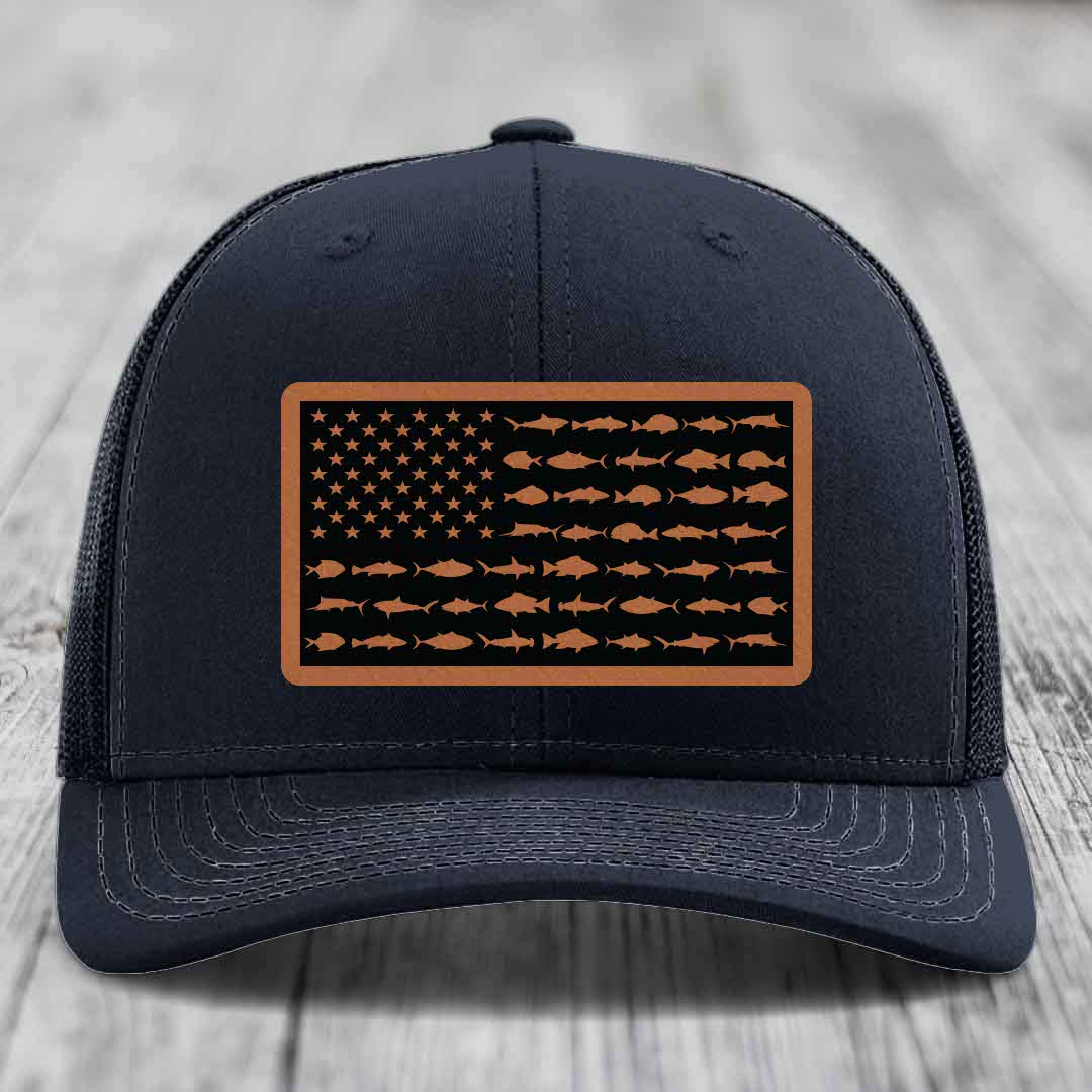 American Flag Saltwater Fish - Leather Patch Hat - Rawhide to Black Patch - Richardson 112 Snapback Trucker Hat