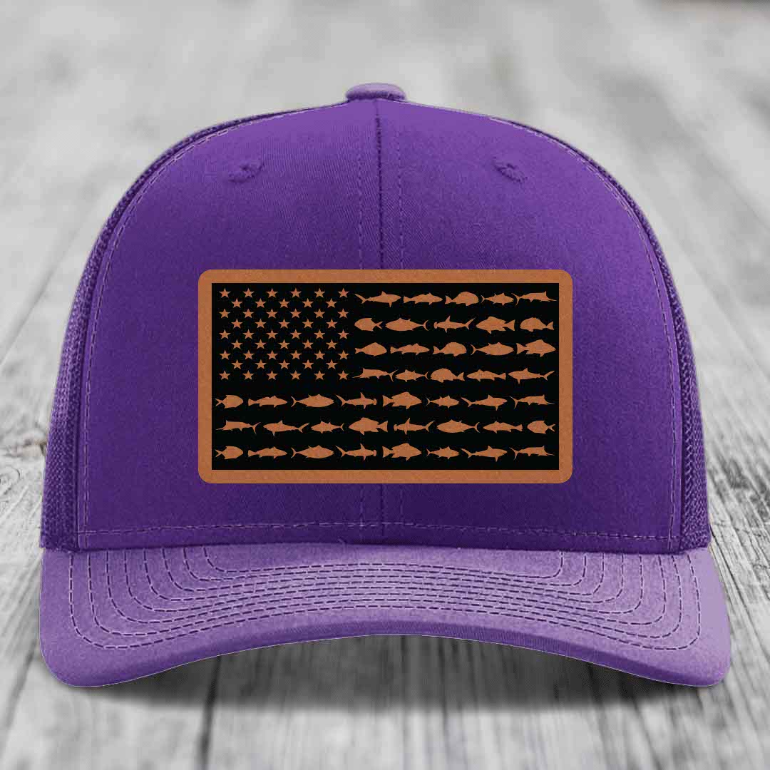 American Flag Saltwater Fish - Leather Patch Hat - Rawhide to Black Patch - Richardson 112 Snapback Trucker Hat