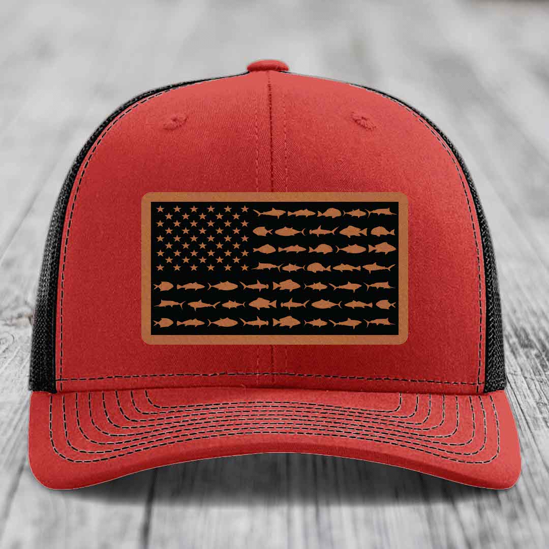 American Flag Saltwater Fish - Leather Patch Hat - Rawhide to Black Patch - Richardson 112 Snapback Trucker Hat