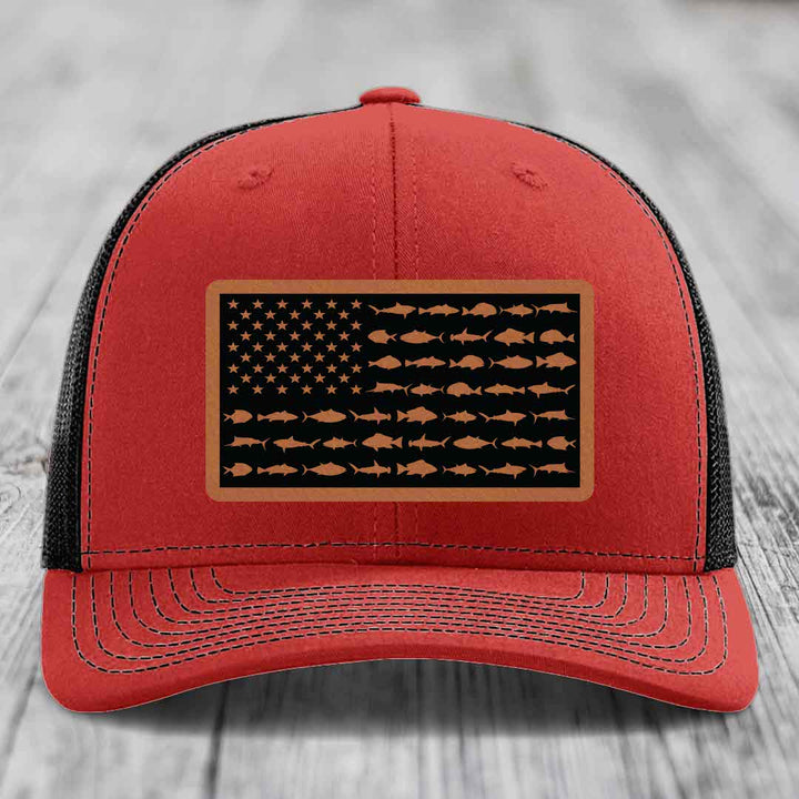 American Flag Saltwater Fish - Leather Patch Hat - Rawhide to Black Patch - Richardson 112 Snapback Trucker Hat