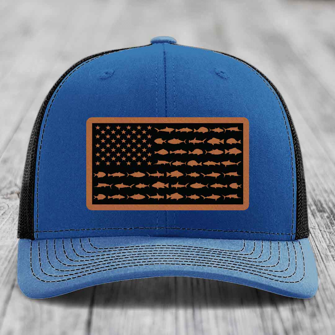 American Flag Saltwater Fish - Leather Patch Hat - Rawhide to Black Patch - Richardson 112 Snapback Trucker Hat