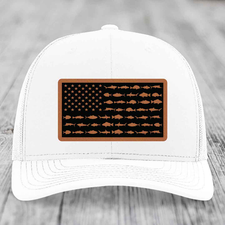American Flag Saltwater Fish - Leather Patch Hat - Rawhide to Black Patch - Richardson 112 Snapback Trucker Hat