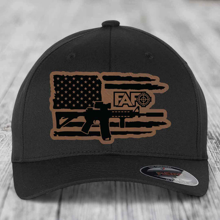 American Flag with AR15 FAFO - Leather Patch Hat - Dark Brown to Black Patch - Flexfit 6277 Fitted Hat
