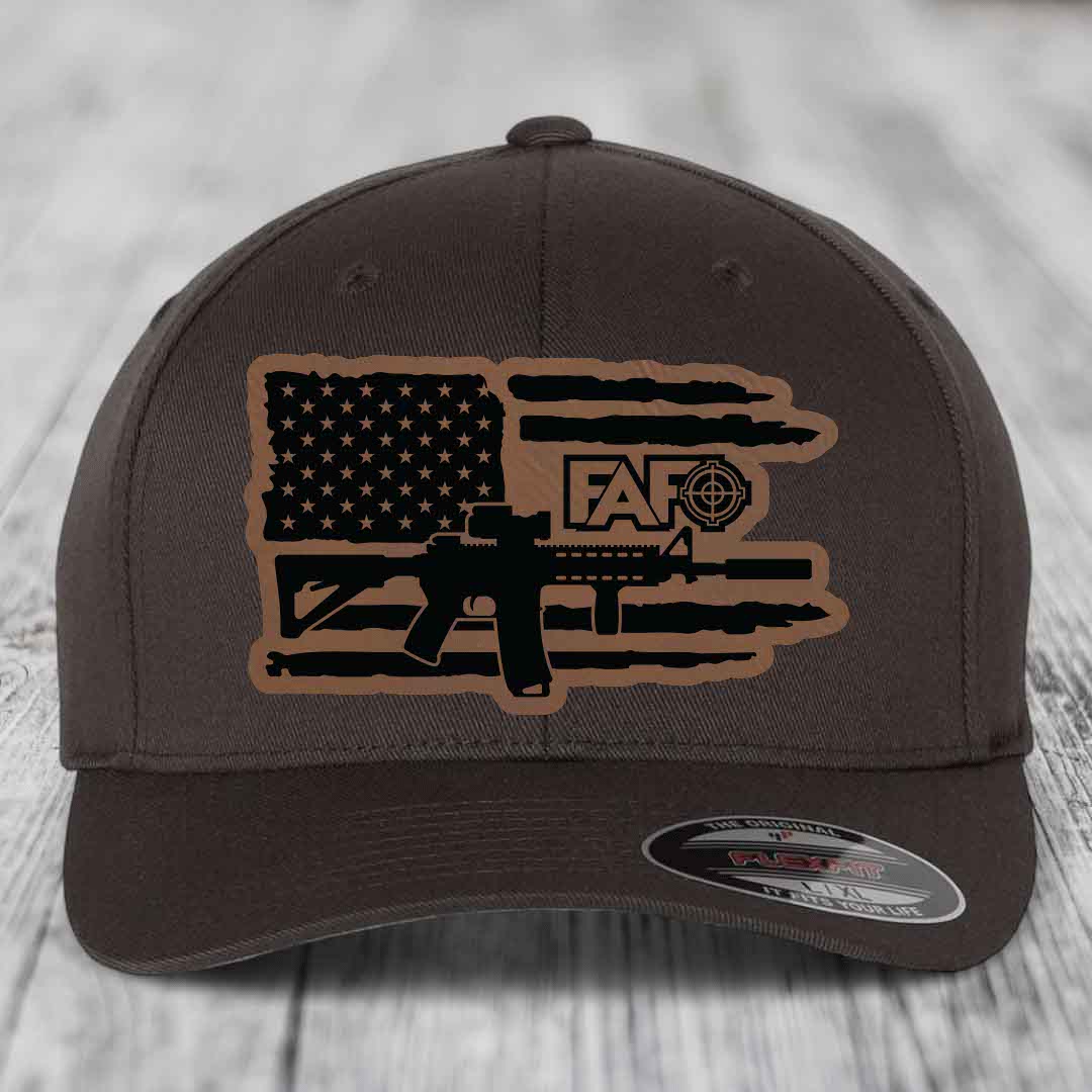 American Flag with AR15 FAFO - Leather Patch Hat - Dark Brown to Black Patch - Flexfit 6277 Fitted Hat