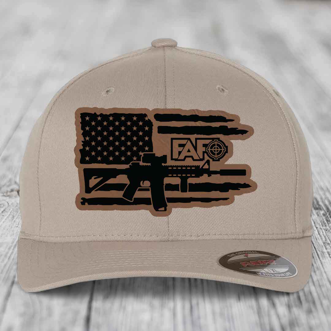 American Flag with AR15 FAFO - Leather Patch Hat - Dark Brown to Black Patch - Flexfit 6277 Fitted Hat