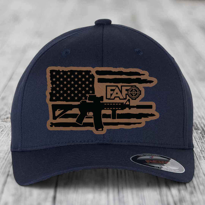 American Flag with AR15 FAFO - Leather Patch Hat - Dark Brown to Black Patch - Flexfit 6277 Fitted Hat