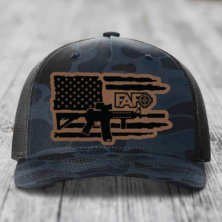 American Flag with AR15 FAFO - Leather Patch Hat - Dark Brown to Black Patch - Richardson 112PFP Snapback Trucker Hat