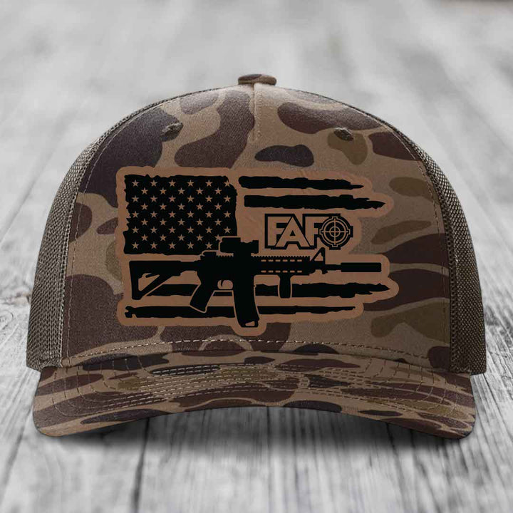American Flag with AR15 FAFO - Leather Patch Hat - Dark Brown to Black Patch - Richardson 112PFP Snapback Trucker Hat