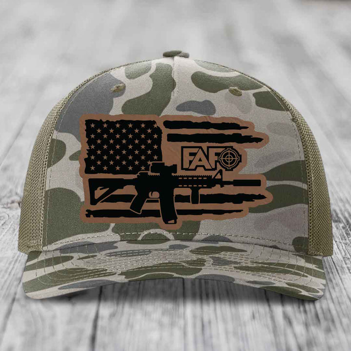 American Flag with AR15 FAFO - Leather Patch Hat - Dark Brown to Black Patch - Richardson 112PFP Snapback Trucker Hat
