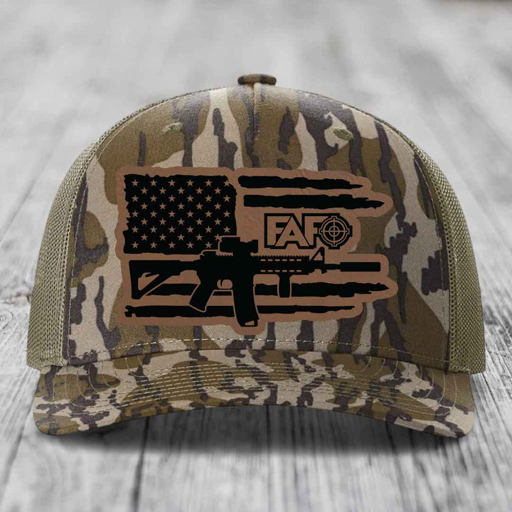 American Flag with AR15 FAFO - Leather Patch Hat - Dark Brown to Black Patch - Richardson 112PFP Snapback Trucker Hat