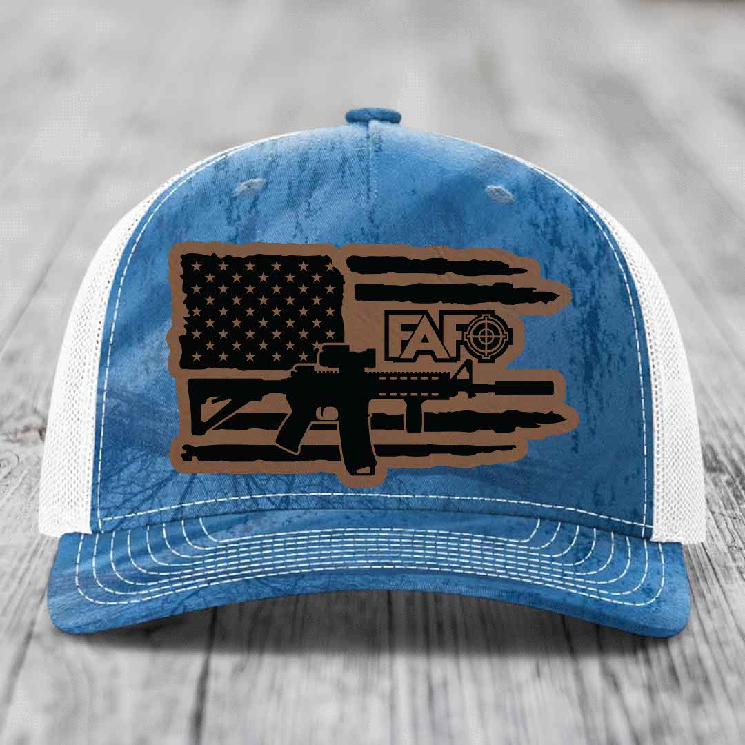 American Flag with AR15 FAFO - Leather Patch Hat - Dark Brown to Black Patch - Richardson 112PFP Snapback Trucker Hat