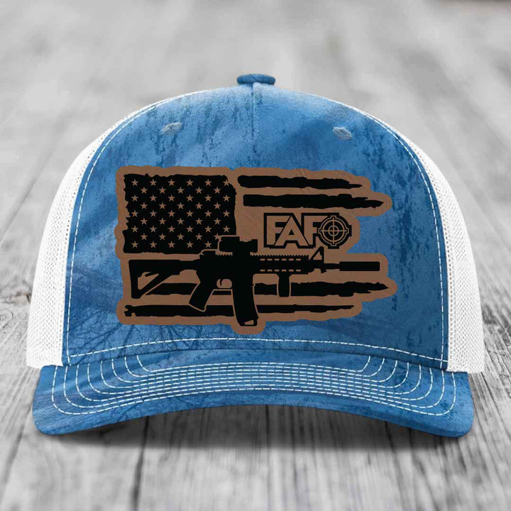 American Flag with AR15 FAFO - Leather Patch Hat - Dark Brown to Black Patch - Richardson 112PFP Snapback Trucker Hat