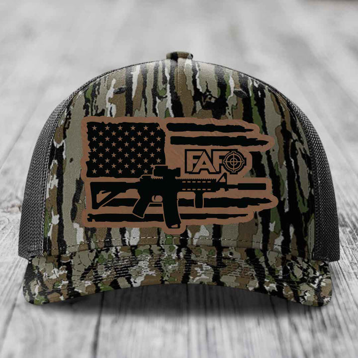 American Flag with AR15 FAFO - Leather Patch Hat - Dark Brown to Black Patch - Richardson 112PFP Snapback Trucker Hat