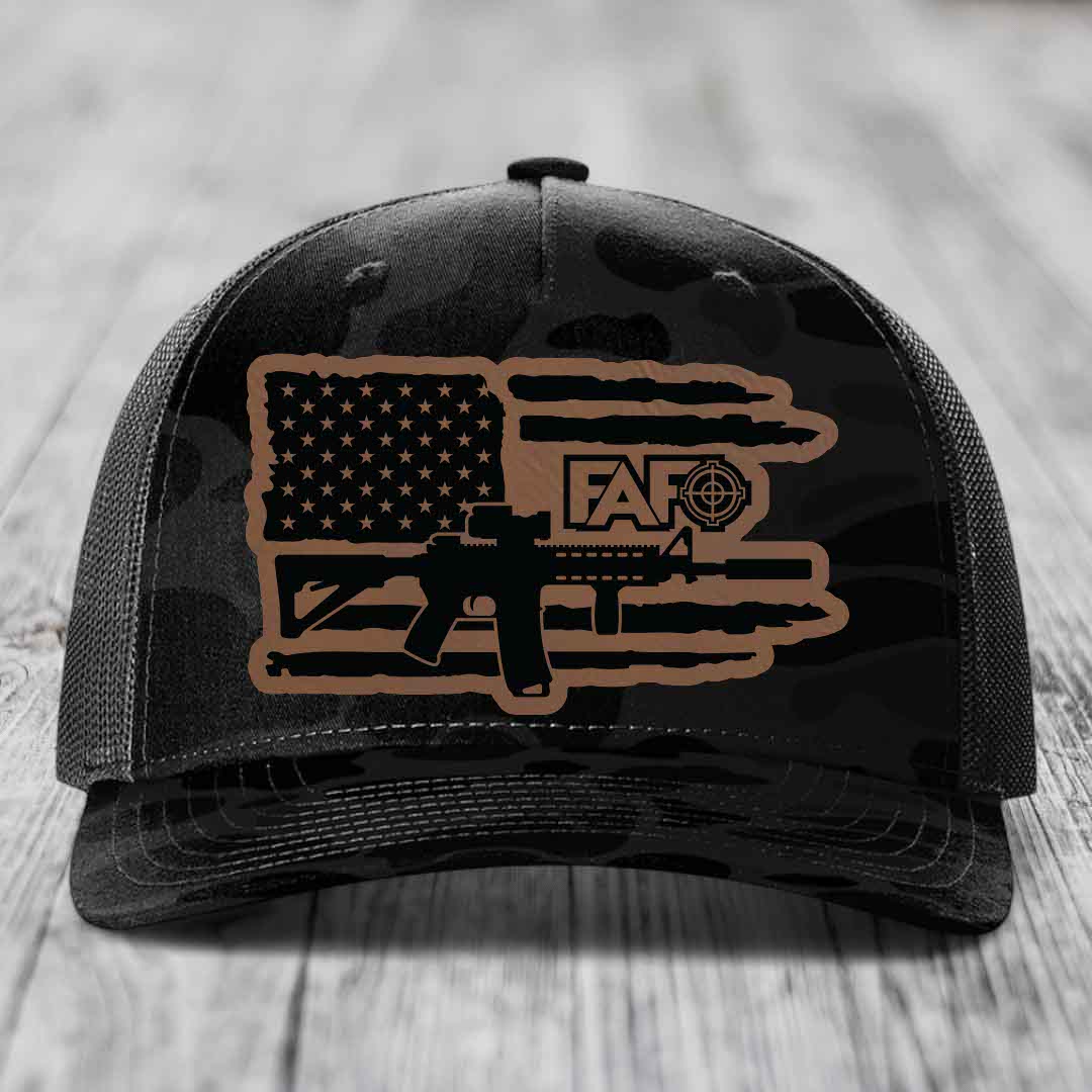 American Flag with AR15 FAFO - Leather Patch Hat - Dark Brown to Black Patch - Richardson 112PFP Snapback Trucker Hat