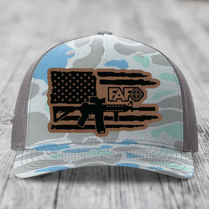 American Flag with AR15 FAFO - Leather Patch Hat - Dark Brown to Black Patch - Richardson 112PFP Snapback Trucker Hat