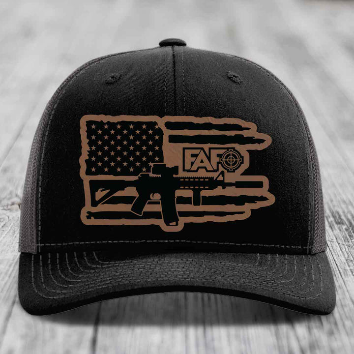 American Flag with AR15 FAFO - Leather Patch Hat - Dark Brown to Black Patch - Richardson 112 Snapback Trucker Hat