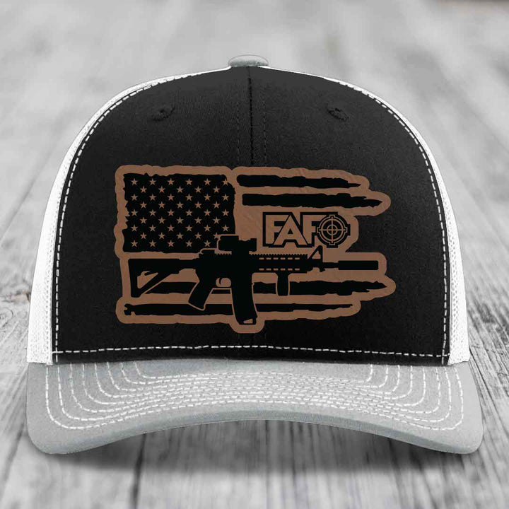 American Flag with AR15 FAFO - Leather Patch Hat - Dark Brown to Black Patch - Richardson 112 Snapback Trucker Hat