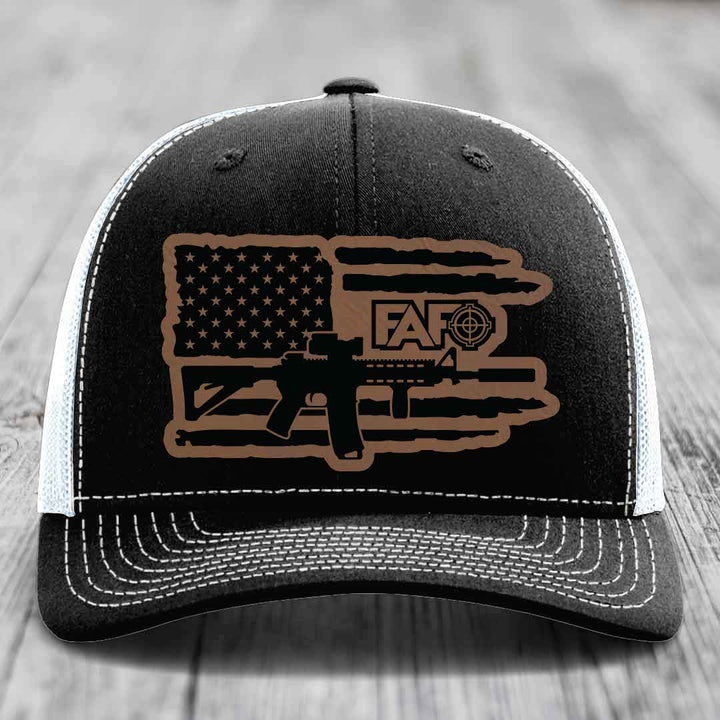 American Flag with AR15 FAFO - Leather Patch Hat - Dark Brown to Black Patch - Richardson 112 Snapback Trucker Hat
