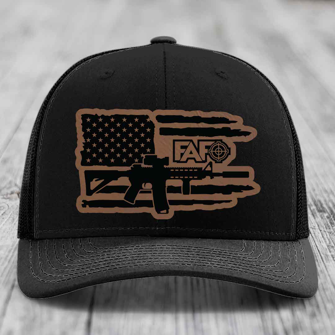 American Flag with AR15 FAFO - Leather Patch Hat - Dark Brown to Black Patch - Richardson 112 Snapback Trucker Hat