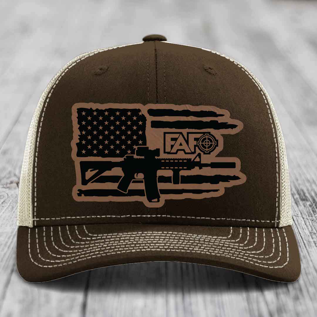 American Flag with AR15 FAFO - Leather Patch Hat - Dark Brown to Black Patch - Richardson 112 Snapback Trucker Hat