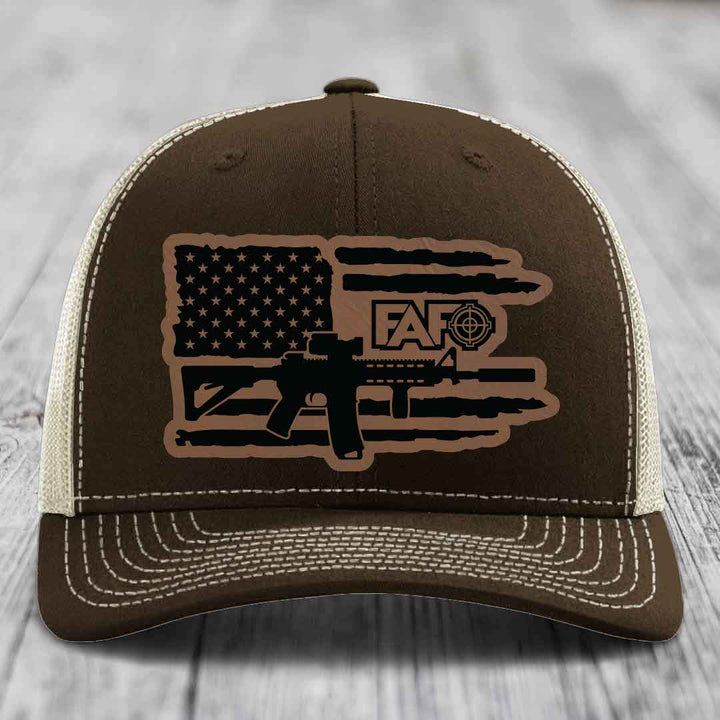 American Flag with AR15 FAFO - Leather Patch Hat - Dark Brown to Black Patch - Richardson 112 Snapback Trucker Hat