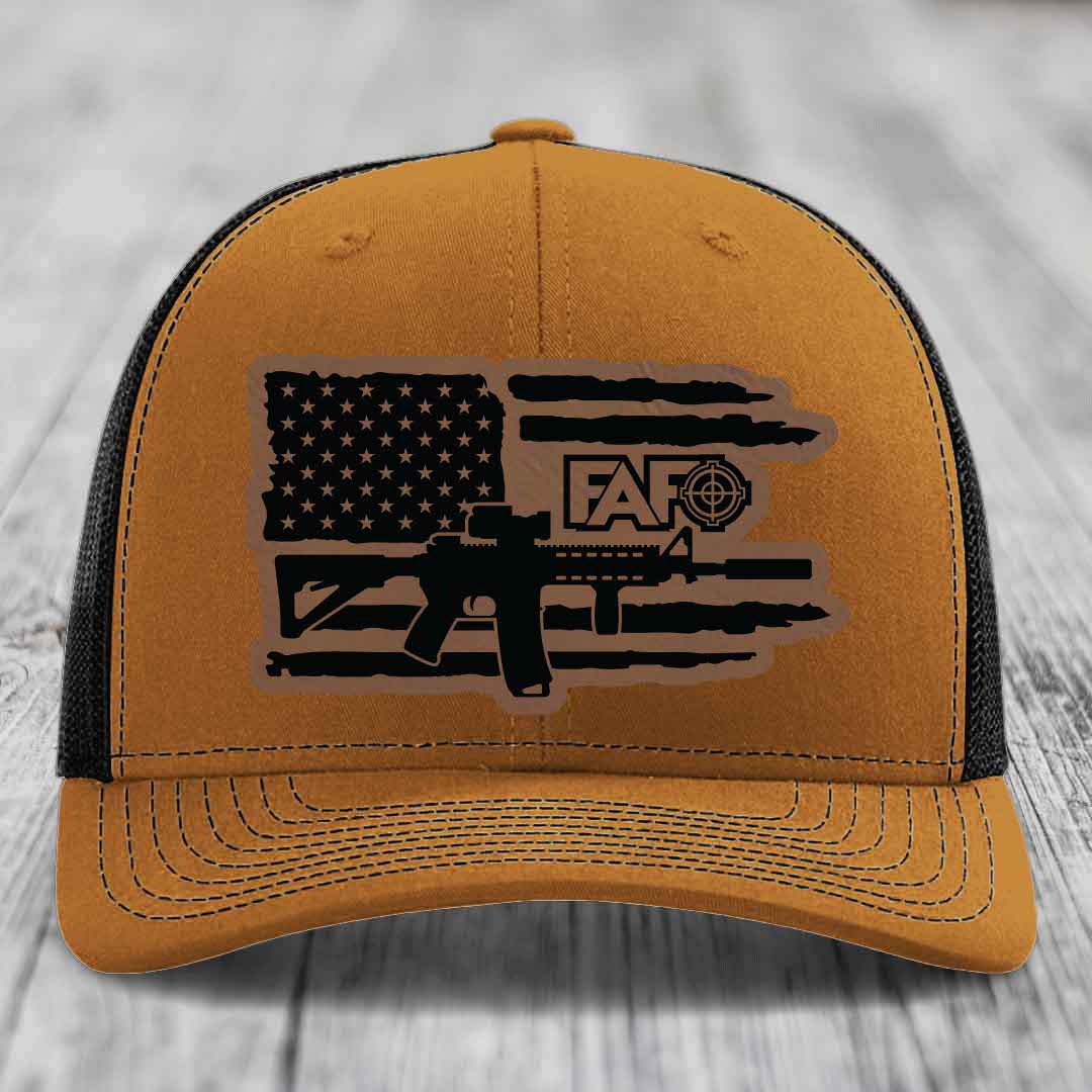 American Flag with AR15 FAFO - Leather Patch Hat - Dark Brown to Black Patch - Richardson 112 Snapback Trucker Hat