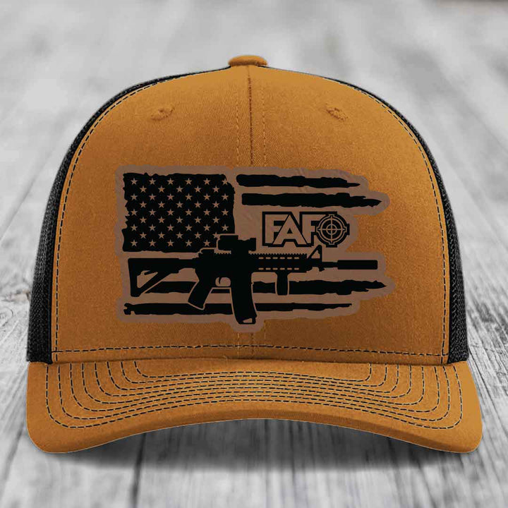 American Flag with AR15 FAFO - Leather Patch Hat - Dark Brown to Black Patch - Richardson 112 Snapback Trucker Hat