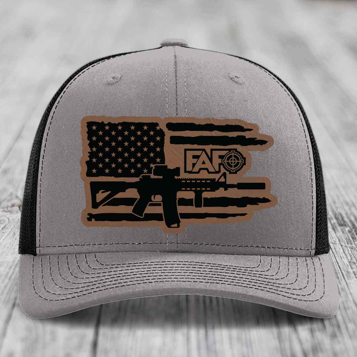 American Flag with AR15 FAFO - Leather Patch Hat - Dark Brown to Black Patch - Richardson 112 Snapback Trucker Hat