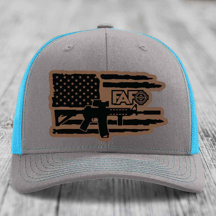 American Flag with AR15 FAFO - Leather Patch Hat - Dark Brown to Black Patch - Richardson 112 Snapback Trucker Hat